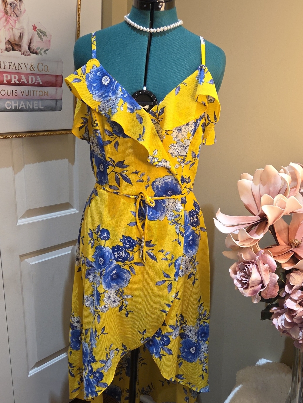 BCX Dress  XL Yellow Maxi Dress with Blue Floral Print Pull On Dress